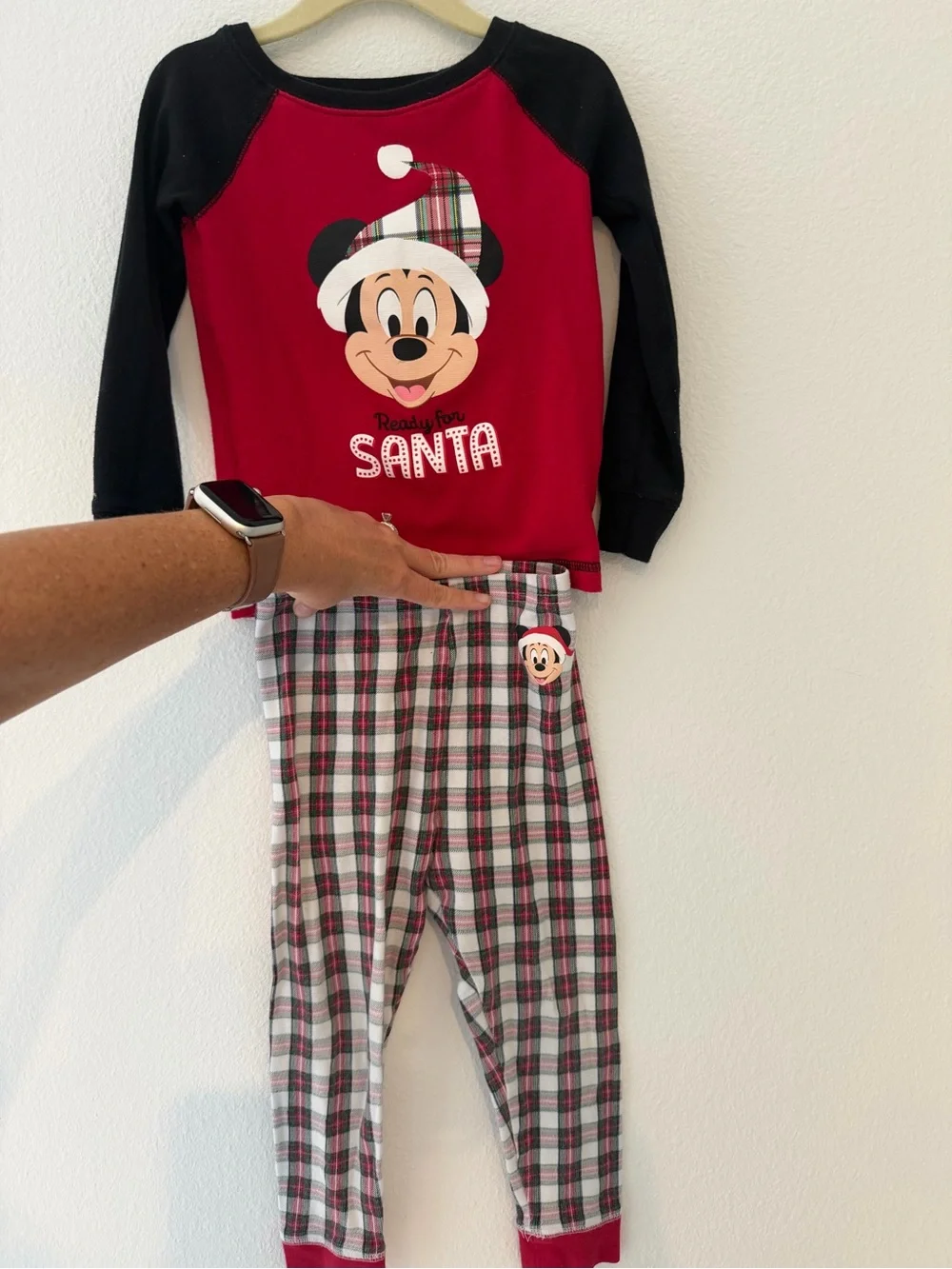 Disney Red and Black Mickey 'Ready for Santa' Pajama Set with Plaid Accents - 4T